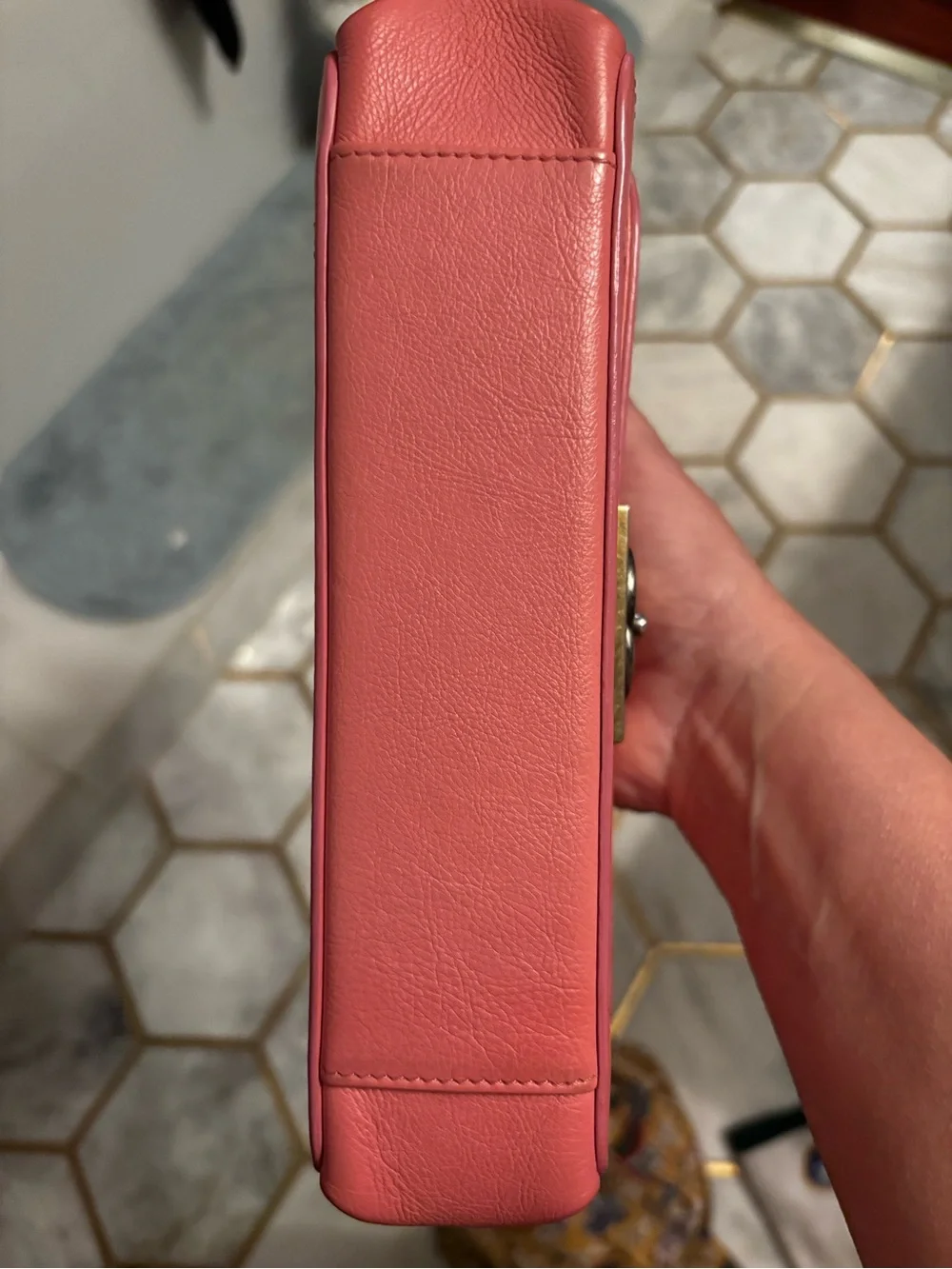 Authentic CHANEL Quilted Leather Clutch in Rose Pink with Gold-Tone CC Lock
